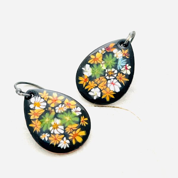 Flower Earrings, Black Enamel Earrings, Gift For Her, Floral Earrings, Handmade Earrings, Summer Earrings, One of a Kind Earrings, OOAK Gift