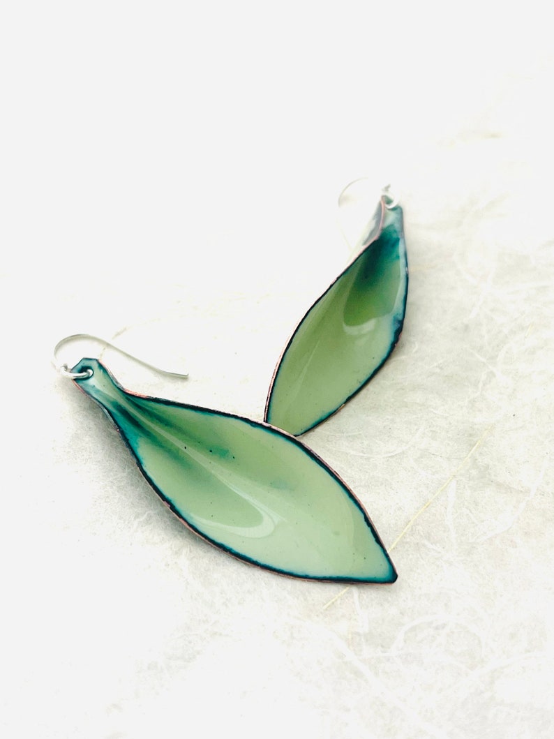 Large Leaf Earrings, Lichen Green Enamel Hand Formed Copper Enamel Earrings, Lichen Jewelry, Green Leaf Earrings, Womens Earrings image 9