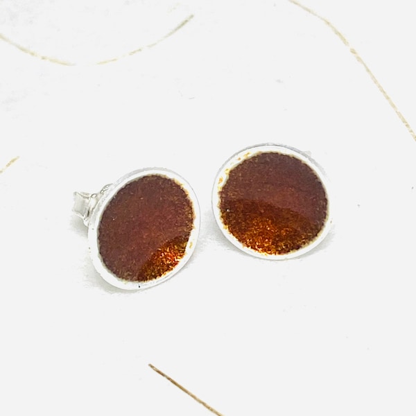 Stud Earrings ~ 7/16” Rust Colored Enamel,  Minimalist Post Earrings, Sunstone Color Glass Earrings, Small Earrings, Fine Silver Earrings