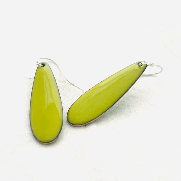 Long Teardrop Earrings, Chartreuse Green Earrings, Apple Green Earrings, Enamel Earrings, Teardrop Dangle Earrings, Summer Jewelry