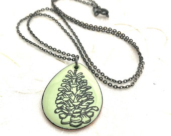 Pine Cone Necklace, Lichen Green Enamel, Conifer Cone Pendant, Green Necklace, Women’s Necklace, Gift For Her, Handmade Necklace