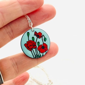 Red Poppy Necklace, Robins Egg Blue Enamel Glass, Red Poppy Pendant, Flower Necklace, Anniversary Gift Necklace, Summer Necklace