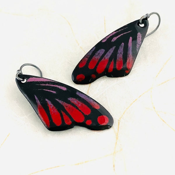 Butterfly Earrings, Colorful Red & Purple Enamel Monarch Butterfly Wing Earrings, Handmade Earrings, Summer Jewelry, Gift For Her