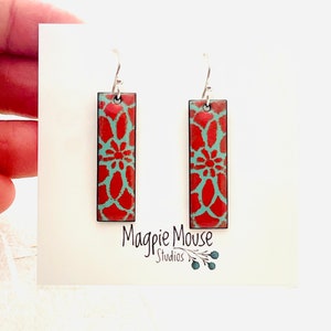 Enamel Mandala Earrings, Mint Green & Flame Orange, Sterling Silver Earwires