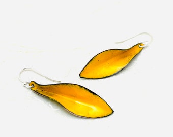 Small Leaf Earrings, Marigold Yellow Enamel Hand Formed Copper Enamel Earrings, Yellow Earrings, Handmade Earrings, Dangle Earrings