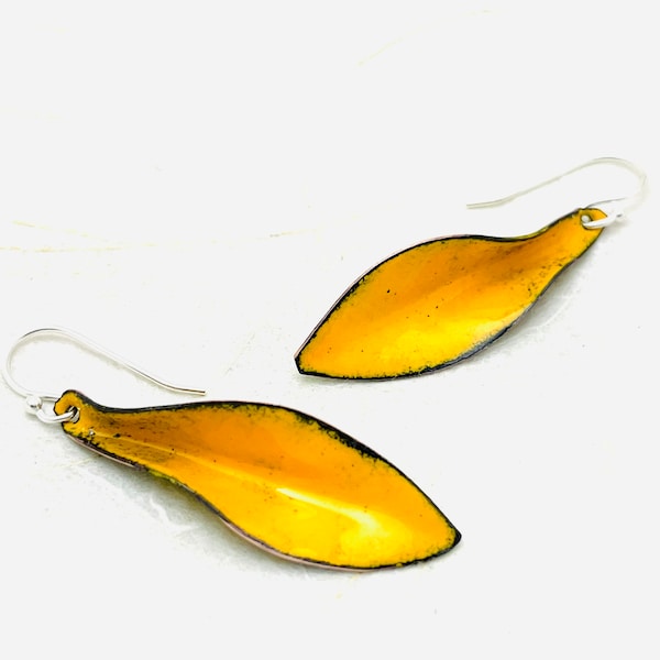 Small Leaf Earrings, Marigold Yellow Enamel Hand Formed Copper Enamel Earrings, Yellow Earrings, Handmade Earrings, Dangle Earrings