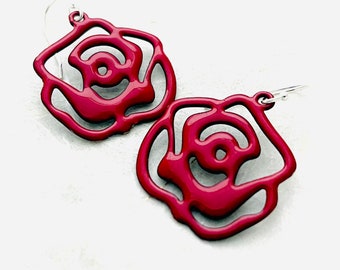 Rose Earrings, Red Enamel Rose Earrings, Rose Jewelry, Handmade Earrings, Gift For Women, Red Earrings, June Birthday Gift Earrings
