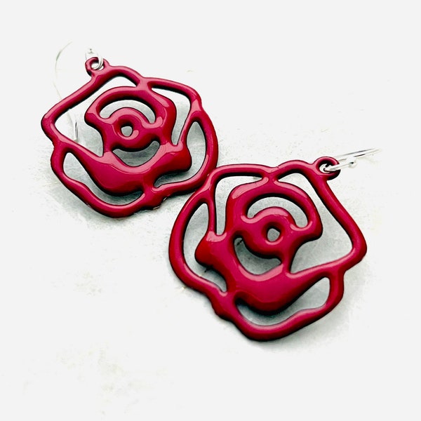 Rose Earrings, Red Enamel Rose Earrings, Rose Jewelry, Handmade Earrings, Gift For Women, Red Earrings, June Birthday Gift Earrings