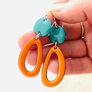 Organic Oval Earrings, Orange and Spruce Green Enamel Earrings, Statement Earrings, Handmade Earrings, Women’s Earrings, Dangle Earrings