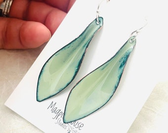 Small Leaf Earrings, Lichen Green Enamel Hand Formed Enamel Earrings, Winter Earrings, Handmade Earrings, Dangle Earrings, Cute Earrings