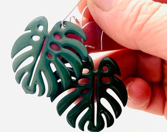 Glass Enamel Monstera Leaf Earrings, Sterling Silver Earwires, Handmade