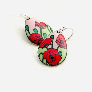 Poppy Earrings, Petal Pink and Spring Green Enamel Earrings, Red poppy Earrings, Teardrop Earrings, Dangle Earrings, Mothers Day Earrings