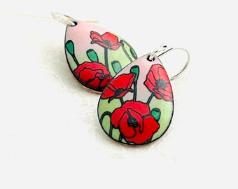 Poppy Earrings, Petal Pink and Spring Green Enamel Earrings, Red poppy Earrings, Teardrop Earrings, Dangle Earrings, Mothers Day Earrings