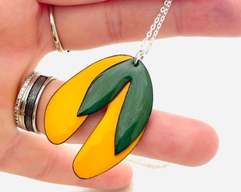 Retro Citrus Necklace, Leaf Necklace, Marigold And Alpine Green Enamel Pendant, Leaf Pendant, Gift Necklace, Womens Necklace