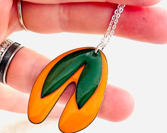 Retro Citrus Necklace, Leaf Necklace, Orange And Alpine Green Enamel Pendant, Leaf Pendant, Tropical Necklace, Womens Necklace
