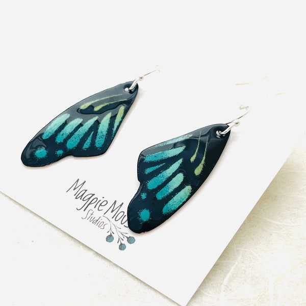 Butterfly Earrings, Blue & Green Enamel Monarch Butterfly Wing Earrings, Dangle Earrings, Spring Earrings, Mothers Day Gift Earrings