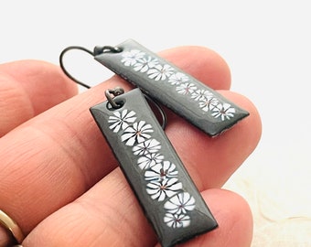 Flower Earrings, Floral Earrings, Rectangle Earrings, One Of A Kind Earrings, Glass Enamel Earrings, OOAK, Gift Earrings, Gray Earrings