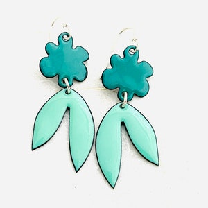 Retro Tropical Leaf Earrings, Mint Green and Spruce Green Enamel Leaf Earrings, Statement Earrings, Womens Earrings, Handmade Jewelry image 4