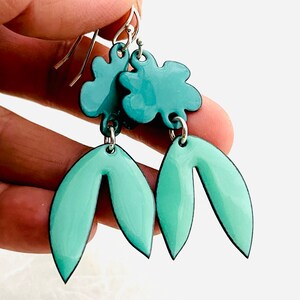 Retro Tropical Leaf Earrings, Mint Green and Spruce Green Enamel Leaf Earrings, Statement Earrings, Womens Earrings, Handmade Jewelry image 5