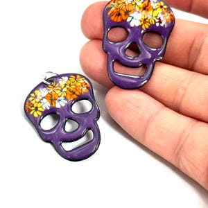 Sugar Skull Earrings, Iris Purple Enamel Floral Enamel Day of the Dead Earrings, Dia De Muertos Earrings