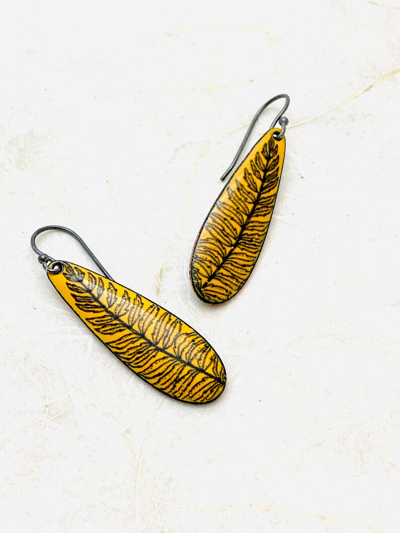 Fern Earrings ~ Yellow Enamel Fern Earrings