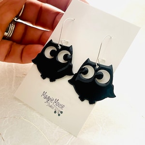 Owl Earrings, Black Enamel Earrings, Cute Owl Earrings, Statement Earrings, Handmade Earrings, Gift Earrings, Retro Owls, Dangle Earrings