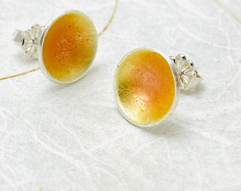 Stud Earrings ~ 7/16” Clementine EnamelEarrings,  Minimalist Post Earrings, Summer Earrings, Orange Earrings, Cute Earrings, Glass Earrings