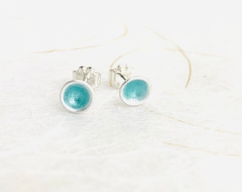 Stud Earrings ~ 1/4” Aqua Blue Enamel Minimalist Silver Post Earrings, Cute Earrings, Small Earrings, Summer Earrings, Blue Earrings