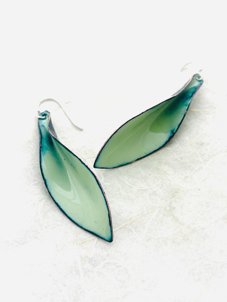 Large Leaf Earrings, Lichen Green Enamel Hand Formed Copper Enamel Earrings, Lichen Jewelry, Green Leaf Earrings, Womens Earrings image 2