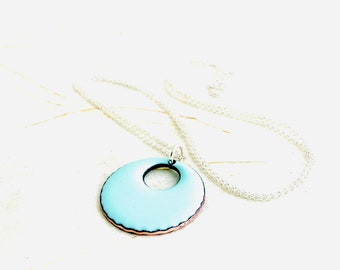 Circle Necklace, Robins Egg Blue Enamel Minimalist Cutout Pendant Necklace, Blue Necklace, Cute Retro Mod Necklace, Woman’s Necklace