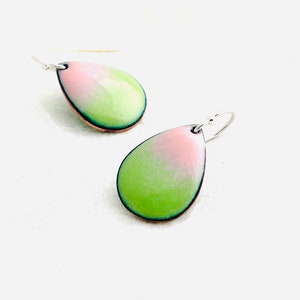Pink And Spring Green Enamel Teardrop Earrings, Sterling Silver Earwires