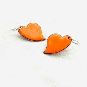 Heart Earrings, Orange Enamel Earrings, Asymmetrical Heart  Earrings, Gift For Her, Orange Heart Earrings, Dangle Earrings, Summer Earrings