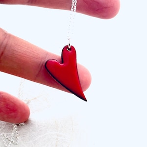 Red Heart Necklace, Flame Red Enamel Glass, Minimalist Asymmetrical Heart Pendant, Heart Pendant, Mothers Day Gift For Her, Cute Necklace