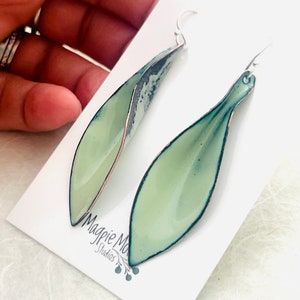 Large Leaf Earrings, Lichen Green Enamel Hand Formed Copper Enamel Earrings, Lichen Jewelry, Green Leaf Earrings, Women’s Earrings