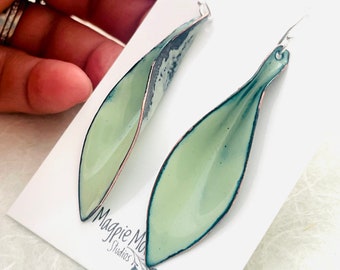 Large Leaf Earrings, Lichen Green Enamel Hand Formed Copper Enamel Earrings, Lichen Jewelry, Green Leaf Earrings, Women’s Earrings