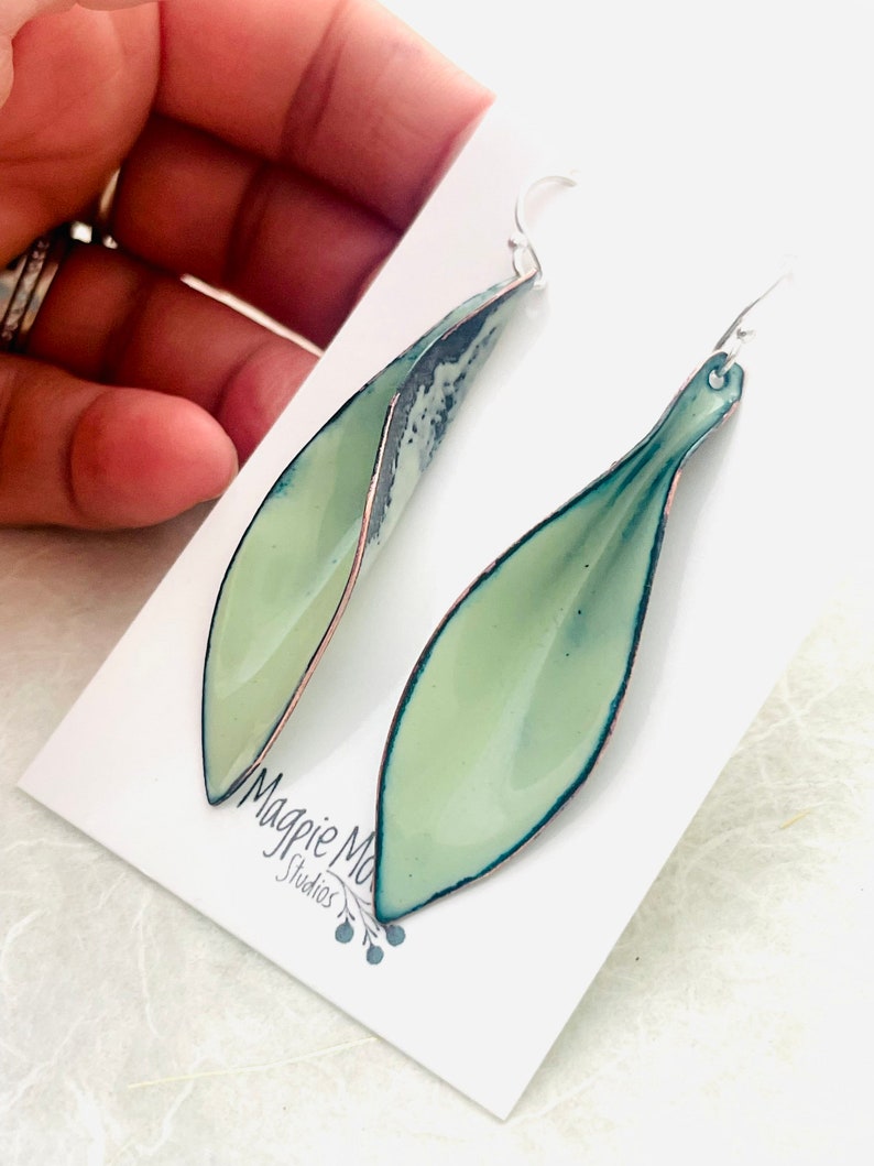 Large Leaf Earrings, Lichen Green Enamel Hand Formed Copper Enamel Earrings, Lichen Jewelry, Green Leaf Earrings, Womens Earrings image 3