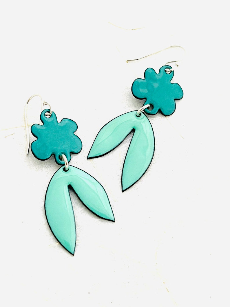 Retro Tropical Leaf Earrings, Mint Green and Spruce Green Enamel Leaf Earrings, Statement Earrings, Womens Earrings, Handmade Jewelry image 7