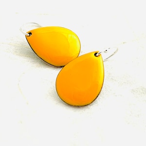 Small Teardrop Earrings,  Marigold Yellow-Orange Enamel, Minimalist Teardrop Earrings, Yellow Earrings, Cute Earrings, Colorful Earrings