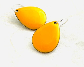 Small Teardrop Earrings,  Marigold Yellow Enamel, Minimalist Teardrop Earrings, Yellow Earrings, Cute Earrings, Colorful Earrings