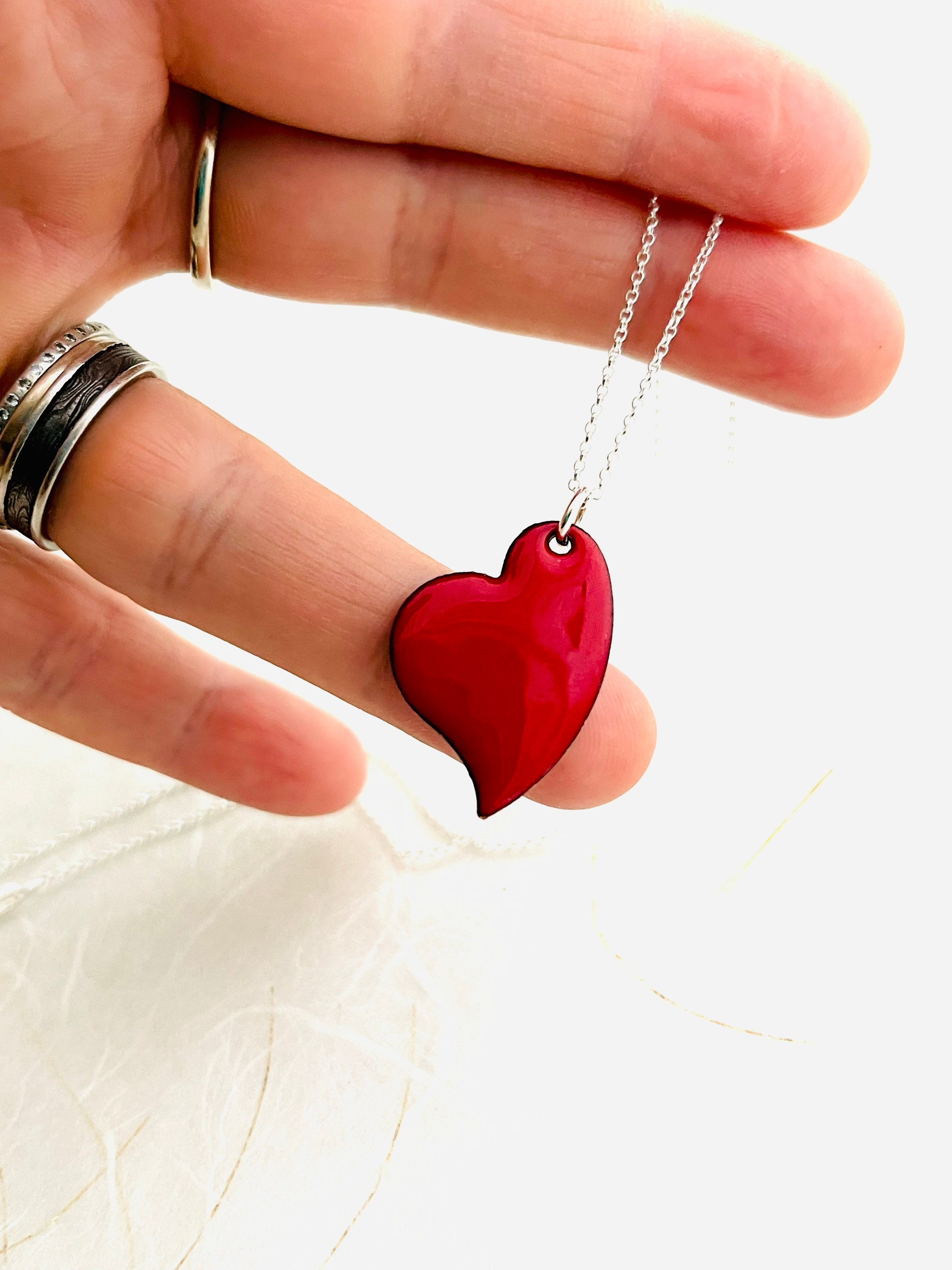 Heart Necklace Red Enamel Minimalist 