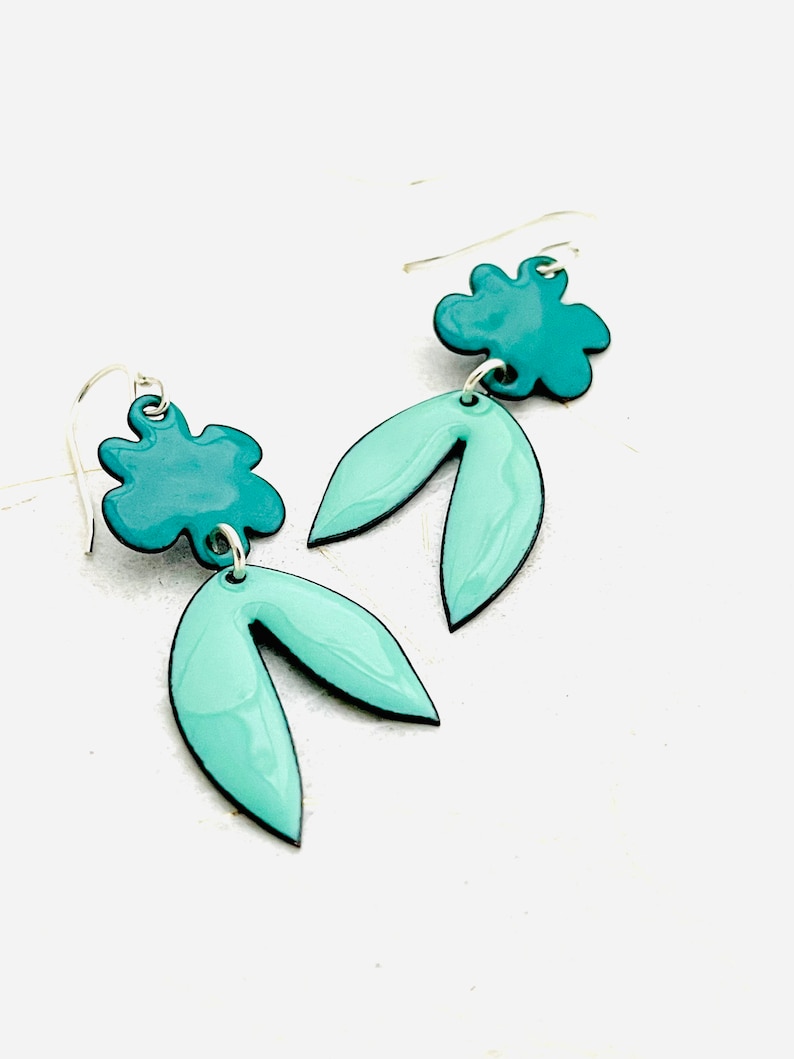 Retro Tropical Leaf Earrings, Mint Green and Spruce Green Enamel Leaf Earrings, Statement Earrings, Womens Earrings, Handmade Jewelry image 1