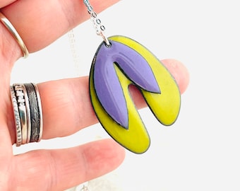 Retro Citrus Necklace, Leaf Necklace, Chartreuse Green And Mauve Purple Enamel Pendant, Leaf Pendant, Handmade Necklace, Womens Necklace