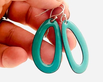 Organic Oval Earrings, Spruce Green Earrings, Enamel Cutout Earrings, Handmade Earrings, Womens Earrings, Gift For Her, Summer Earrings