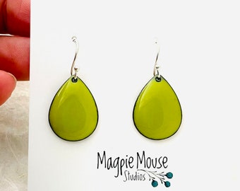 Small Teardrop Earrings, Chartreuse Green Earrings, Enamel Earrings, Minimalist Teardrop Earrings, Green Earrings, Summer Earrings