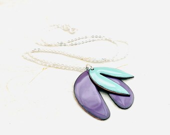 Retro Citrus Necklace, Leaf Necklace, Mauve Purple And Seafoam Enamel Pendant, Leaf Pendant, Gift Necklace, Womens Necklace, Cute Necklace