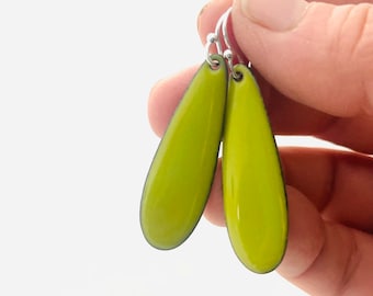 Long Teardrop Earrings, Chartreuse Green Enamel Glass, Sterling Silver Earwires