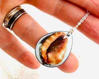 Blue Enamel Seashell Pendant, Sterling Silver Chain, Handmade