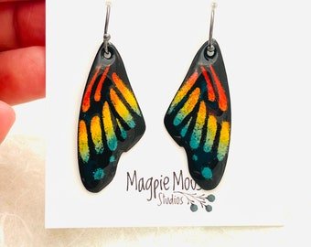 Butterfly Earrings, Wing Earrings, Rainbow Earrings, Pride Earrings, Rainbow Enamel Monarch Butterfly Wing Earrings, Enamel Earrings