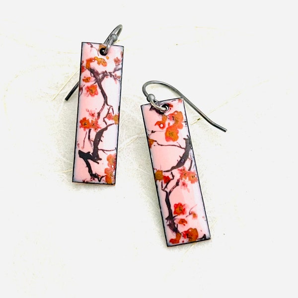 Cherry Blossom Earrings, Petal Pink, Enamel Sakura, Pink Earrings, Rectangle Earrings, Flowering Blossom Branch Earrings, Woman’s Earrings