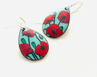 Poppy Earrings, Mint Green Enamel Floral Print Drop Earrings, Red Poppy Earrings, Women’s Earrings, Mothers Day Gift, Gift For Her
